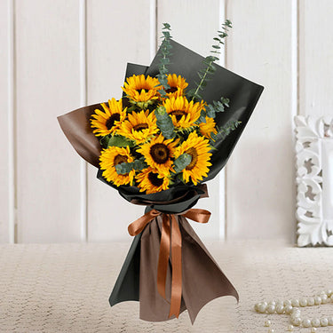 Charismatic Sunflowers, Beautifully Tied Bouquet, Sun Flower, Eucalyptus, Wrapped